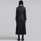 Back view showing stripes across uniform jacket and long skirt