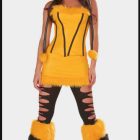 Front view of yellow black-lined bodice, ear hood and striped leg covers