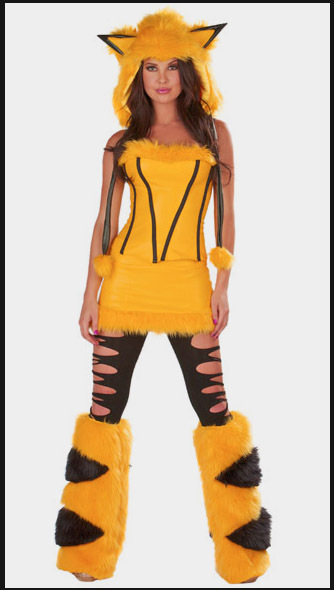 Front view of yellow black-lined bodice, ear hood and striped leg covers