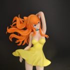 Sculpted orange hair and flared yellow dress detail