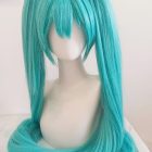 Full-length front view of lake-blue twin-tail wig
