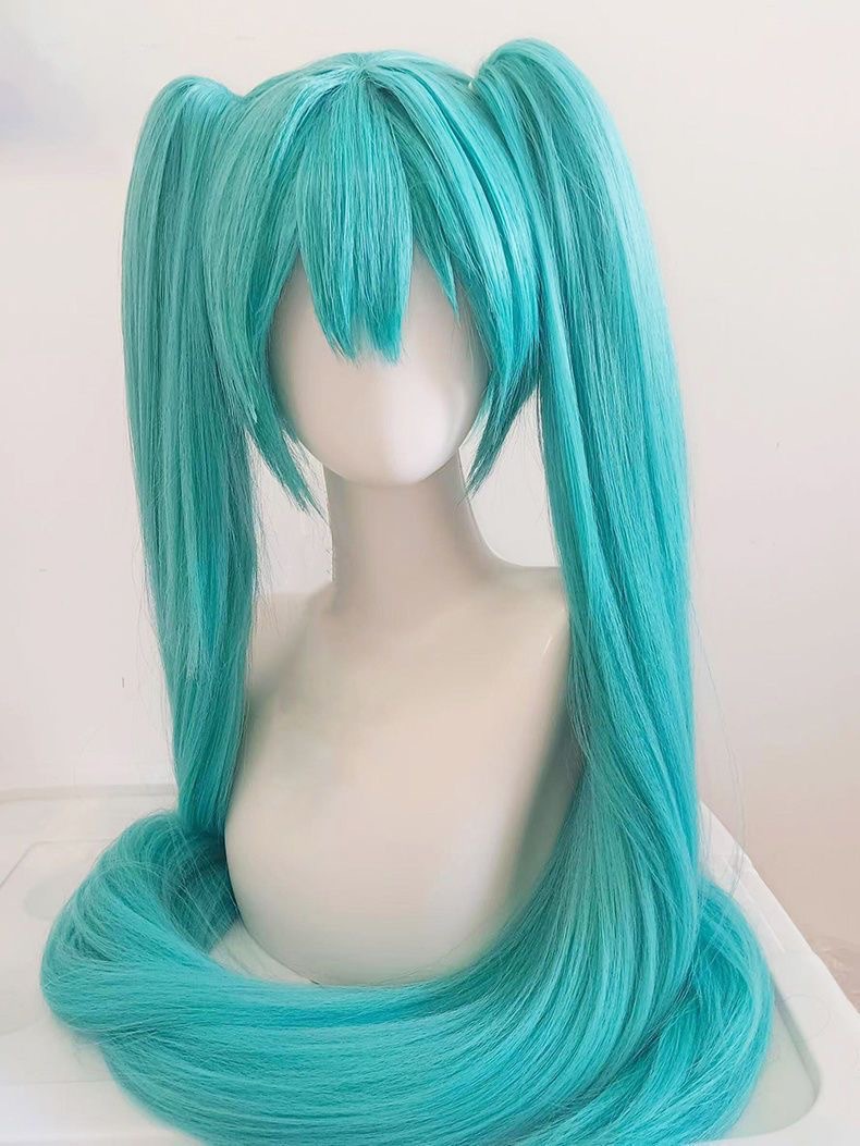 Full-length front view of lake-blue twin-tail wig
