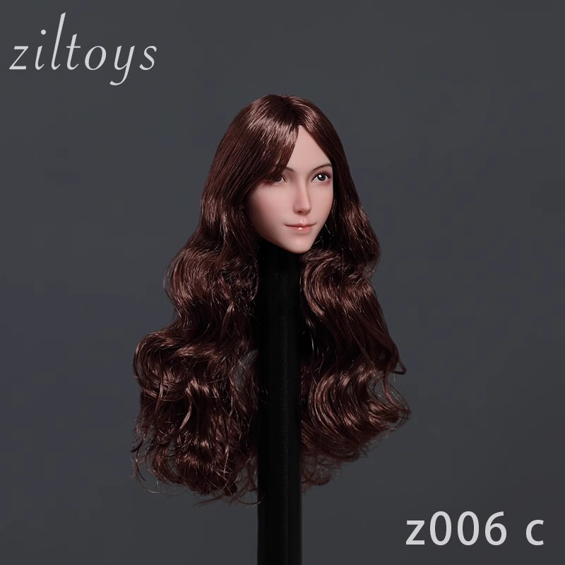 Ziltoys Z006 1:6 Figure Head Sculpt — Four Hair Styles 11 Ziltoys Z006 style C head sculpt with long wavy dark auburn-brown hair, on photographic display support
