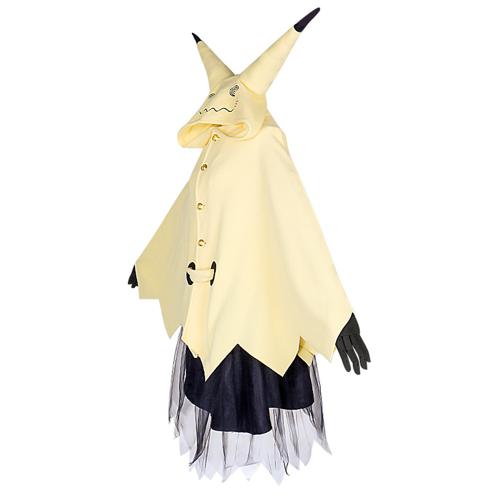 Side view of pointed-ear hood and layered skirt