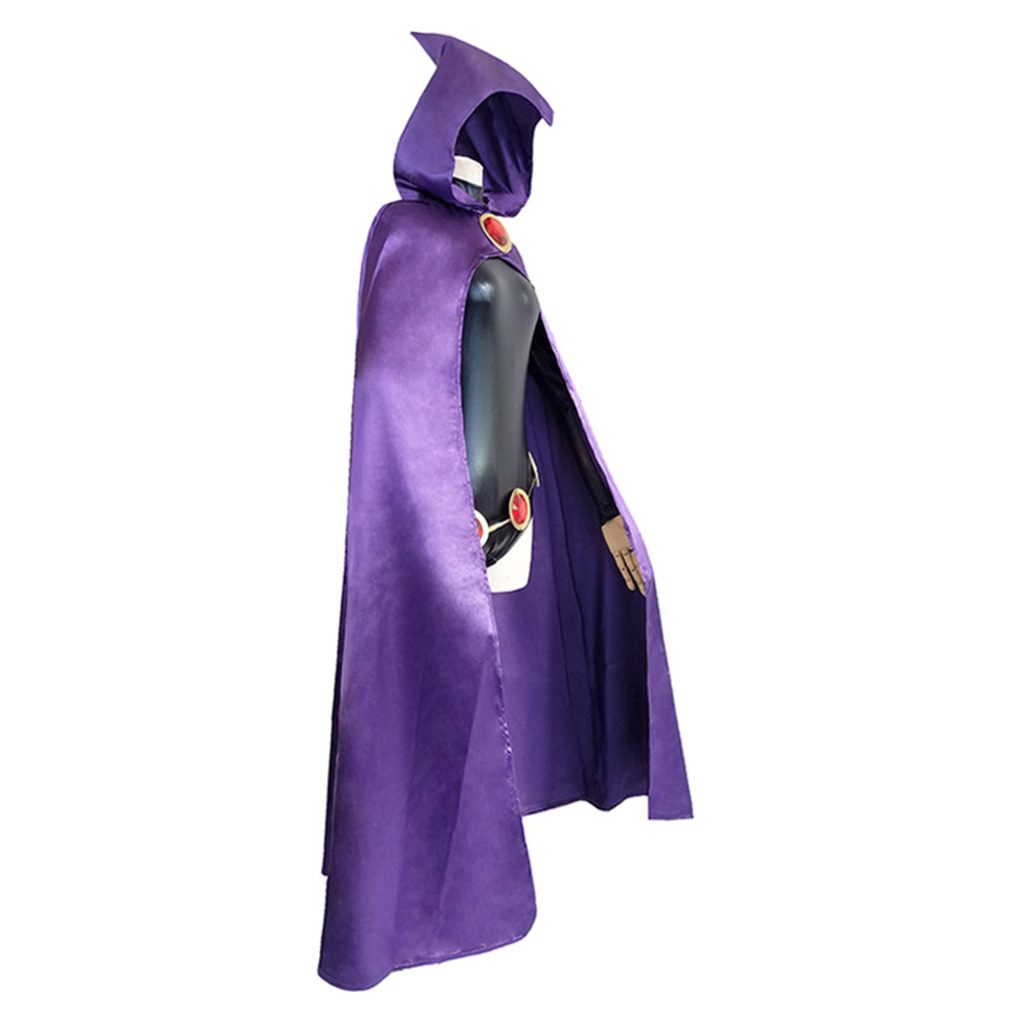 Side view of Raven hooded purple cape drape