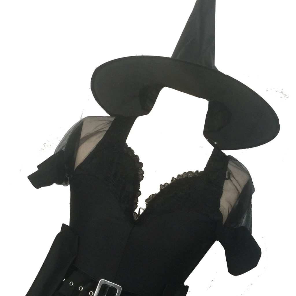 Black witch dress costume bodice, mesh sleeve and witch hat closeup
