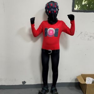 Red and black Titan Speakerman inspired bodysuit worn front view