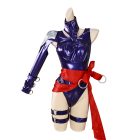 Psylocke purple asymmetrical costume with red sash and ring straps