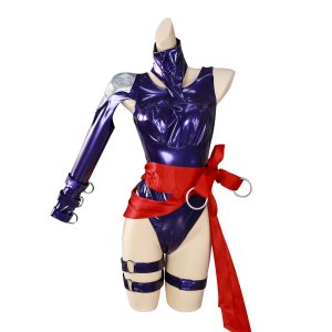 Psylocke purple asymmetrical costume with red sash and ring straps