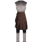 Odysseus costume back with layered overskirt and lace-up leg covers
