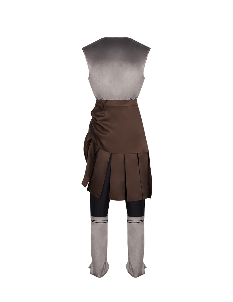 Odysseus costume back with layered overskirt and lace-up leg covers