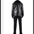 Rear of Leon black coat and cargo-trouser ensemble