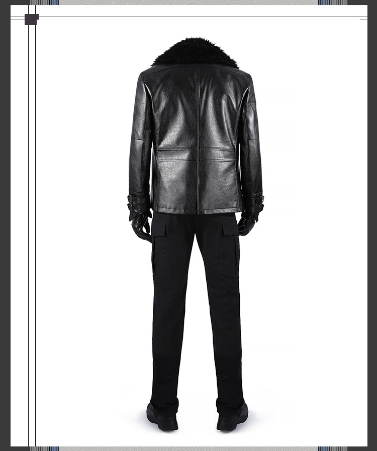 Rear of Leon black coat and cargo-trouser ensemble