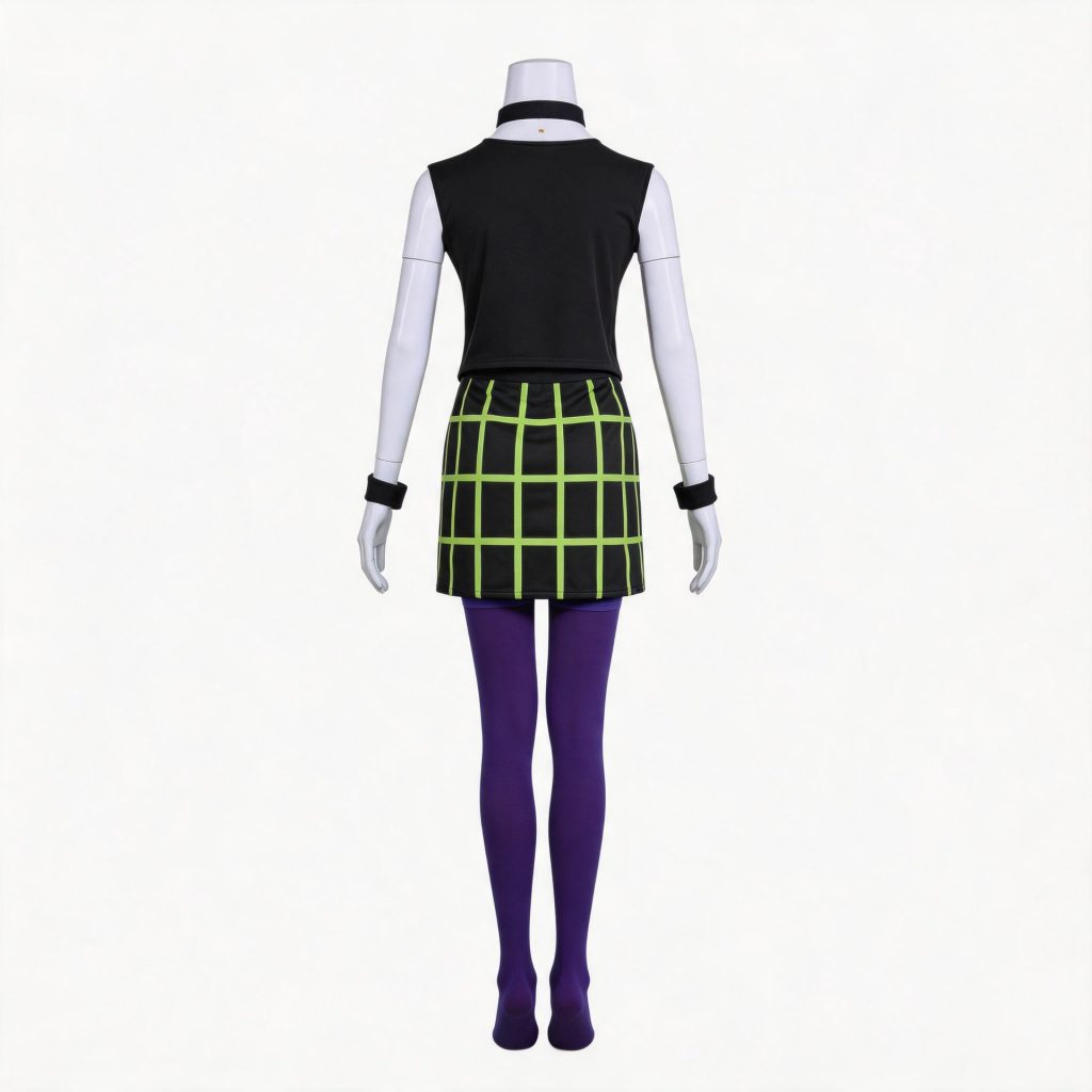 Back view of Sam Manson black top and green checked skirt