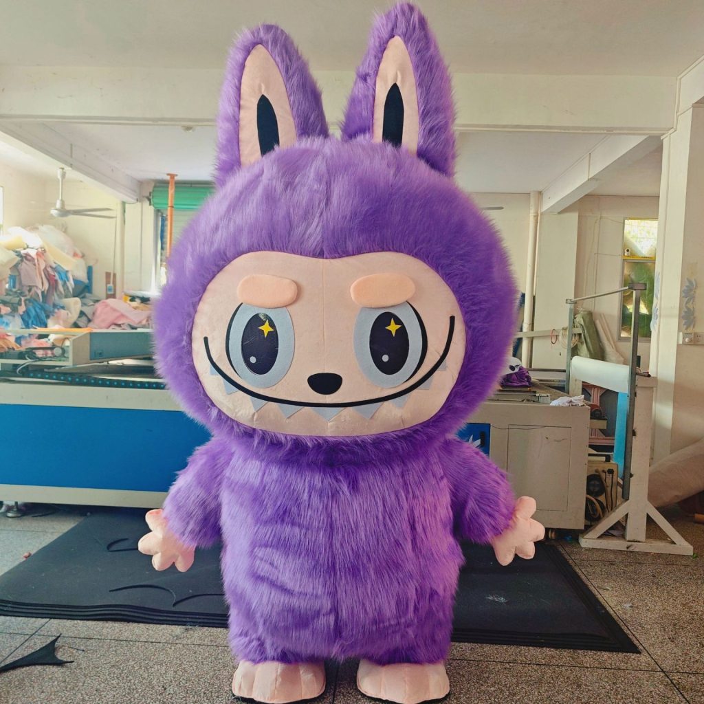 Purple Labubu-style walking mascot