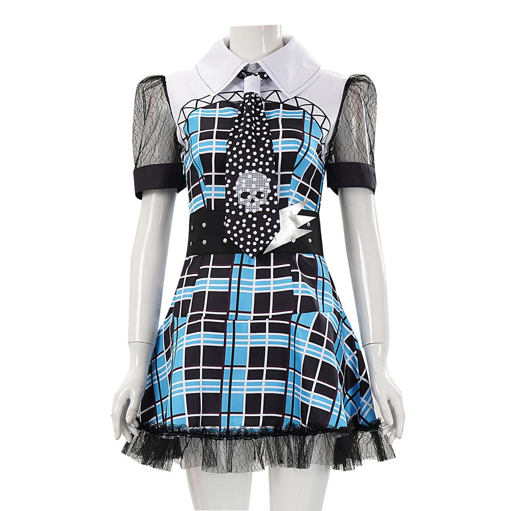 Front of blue plaid costume dress with sheer sleeves, skull tie and studded lightning belt