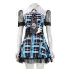 Front of blue plaid costume dress with sheer sleeves, skull tie and studded lightning belt