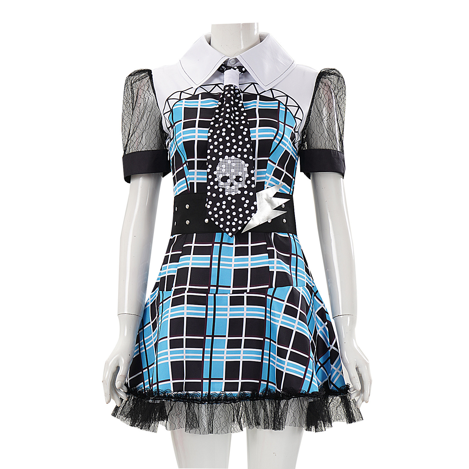 Front of blue plaid costume dress with sheer sleeves, skull tie and studded lightning belt