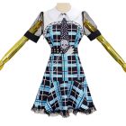 Front view of longer blue and black grid plaid Frankie dress