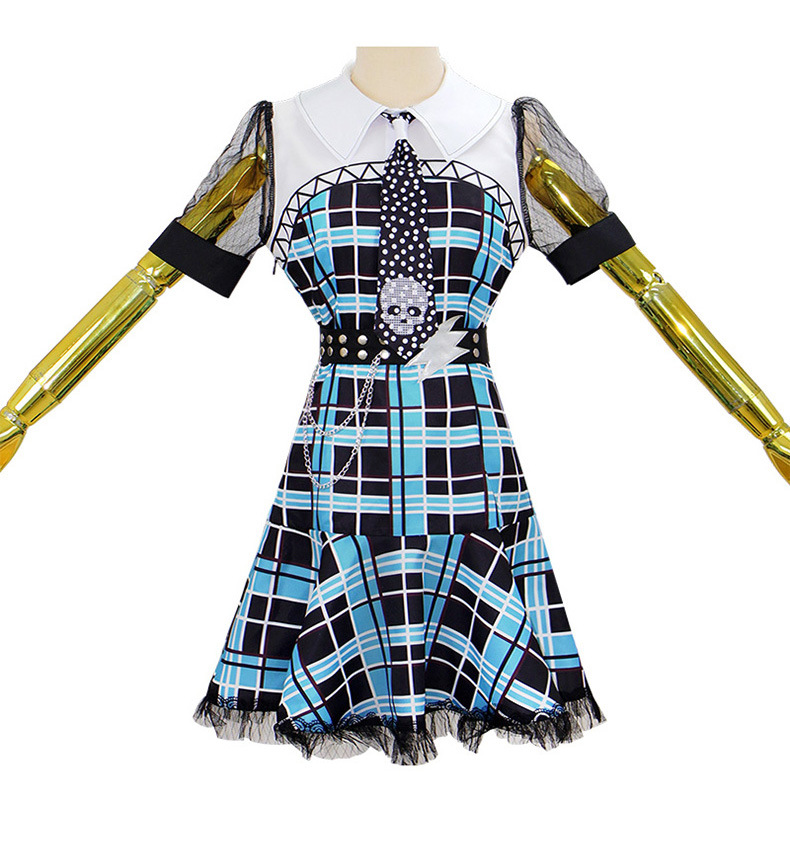 Front view of longer blue and black grid plaid Frankie dress