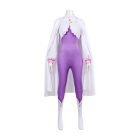 Emilia full purple jumpsuit with white hooded cape front view
