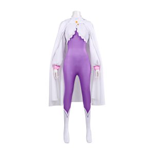 Emilia full purple jumpsuit with white hooded cape front view