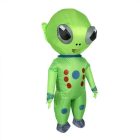 Green inflatable alien costume front with oversized gray eyes and colorful dots
