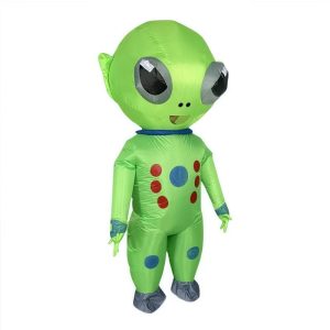 Green inflatable alien costume front with oversized gray eyes and colorful dots