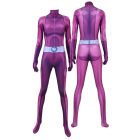 Purple spy-agent jumpsuit, front and back