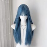 Denim Blue Long Straight Wig with Bangs