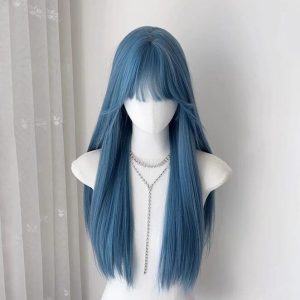 Denim blue long straight wig with bangs on mannequin, front view