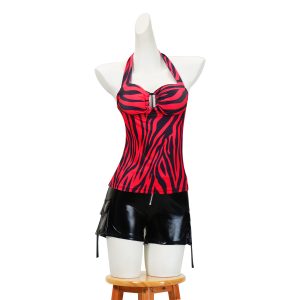 Red and black zebra halter top with glossy black shorts