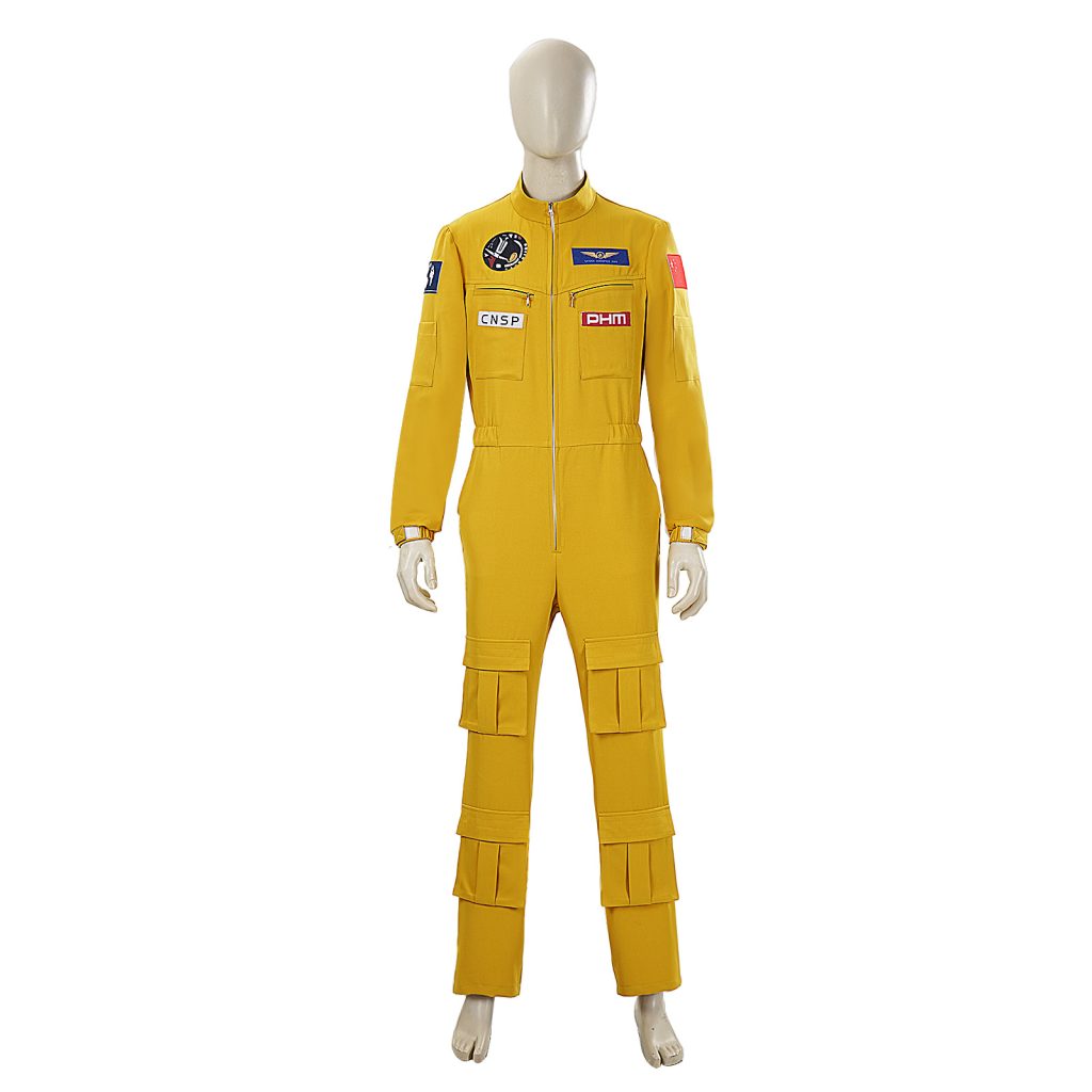 Yellow PHM mission jumpsuit with chest patches and cargo pockets