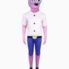 Pim pink character costume with white shirt effect, blue shorts design and face headpiece