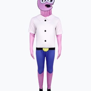 Pim pink character costume with white shirt effect, blue shorts design and face headpiece