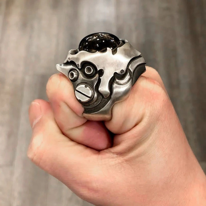 Sculptural Mecha Statement Ring — worn position and detail