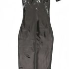 Black glossy puff-sleeve cutout midi dress, front