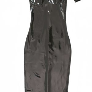 Black glossy puff-sleeve cutout midi dress, front