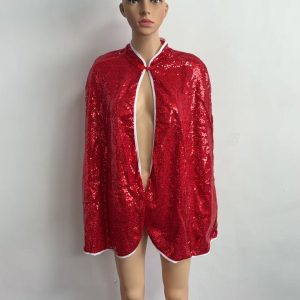 Red sequin cape front with contrast white edging and neck tie