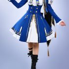 Blue and gold Saber costume worn from the front