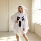 White hooded ghost cape with black face and flowing sides, front view