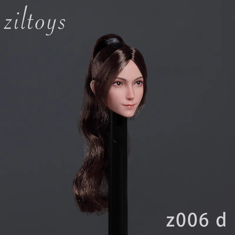 Ziltoys Z006 1:6 Figure Head Sculpt — Four Hair Styles 12 Ziltoys Z006 style D head sculpt with dark brown high ponytail, on photographic display support
