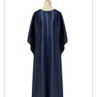 Rear view of navy blue costume cloak on dress form