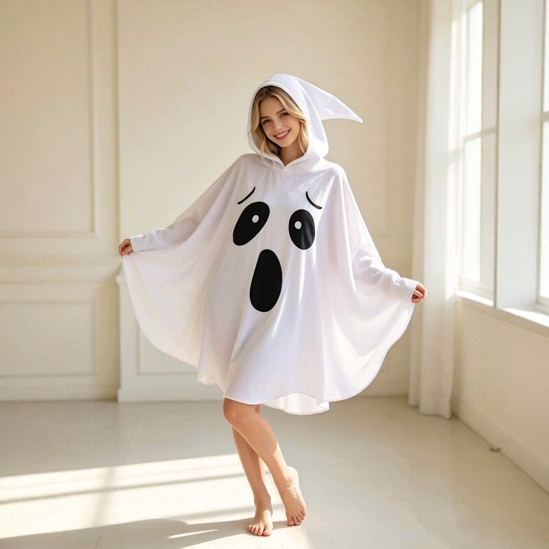 White ghost cape with sides spread to show its wide draped outline