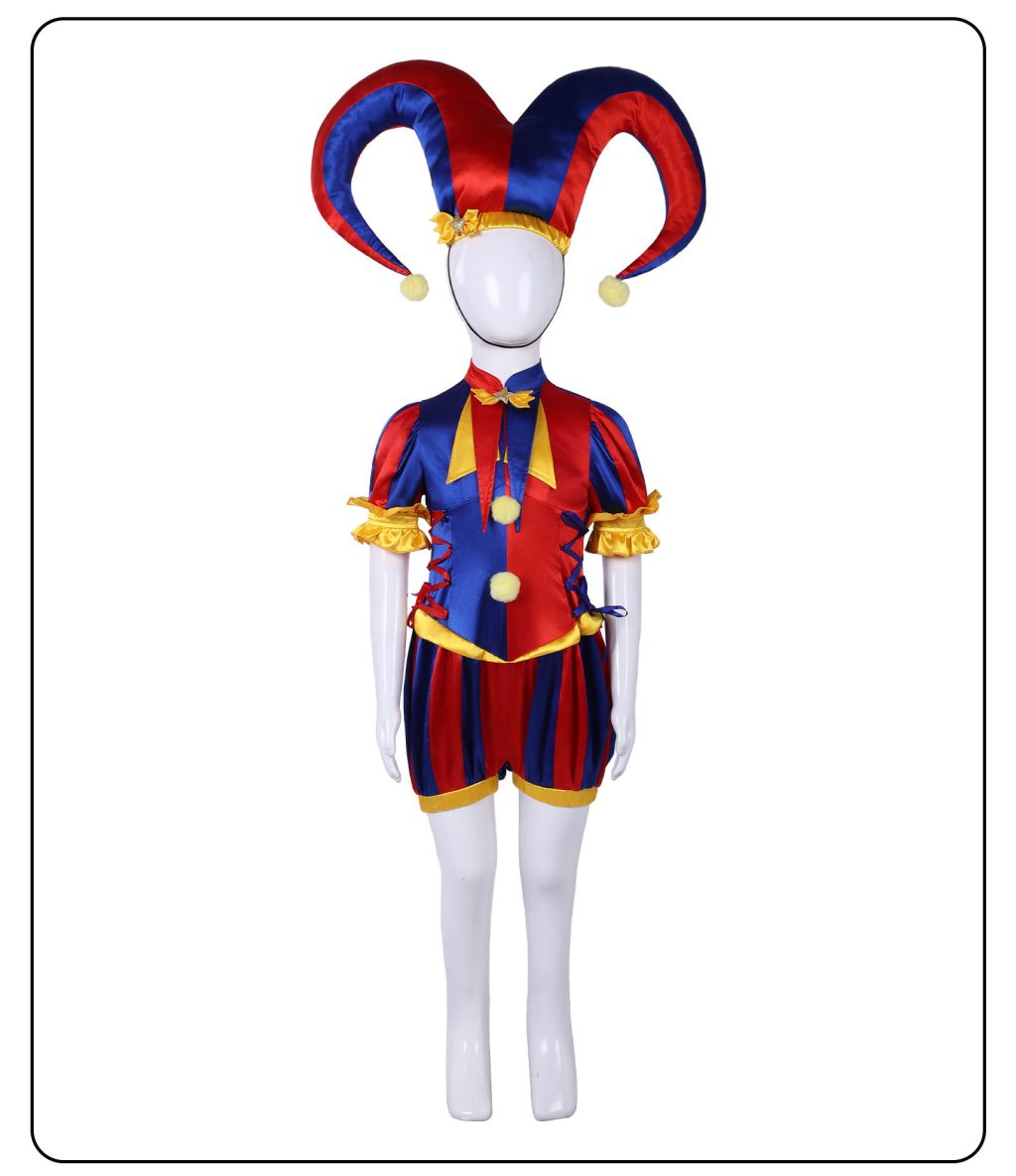 Kids Pomni jester costume with matching hat, front view