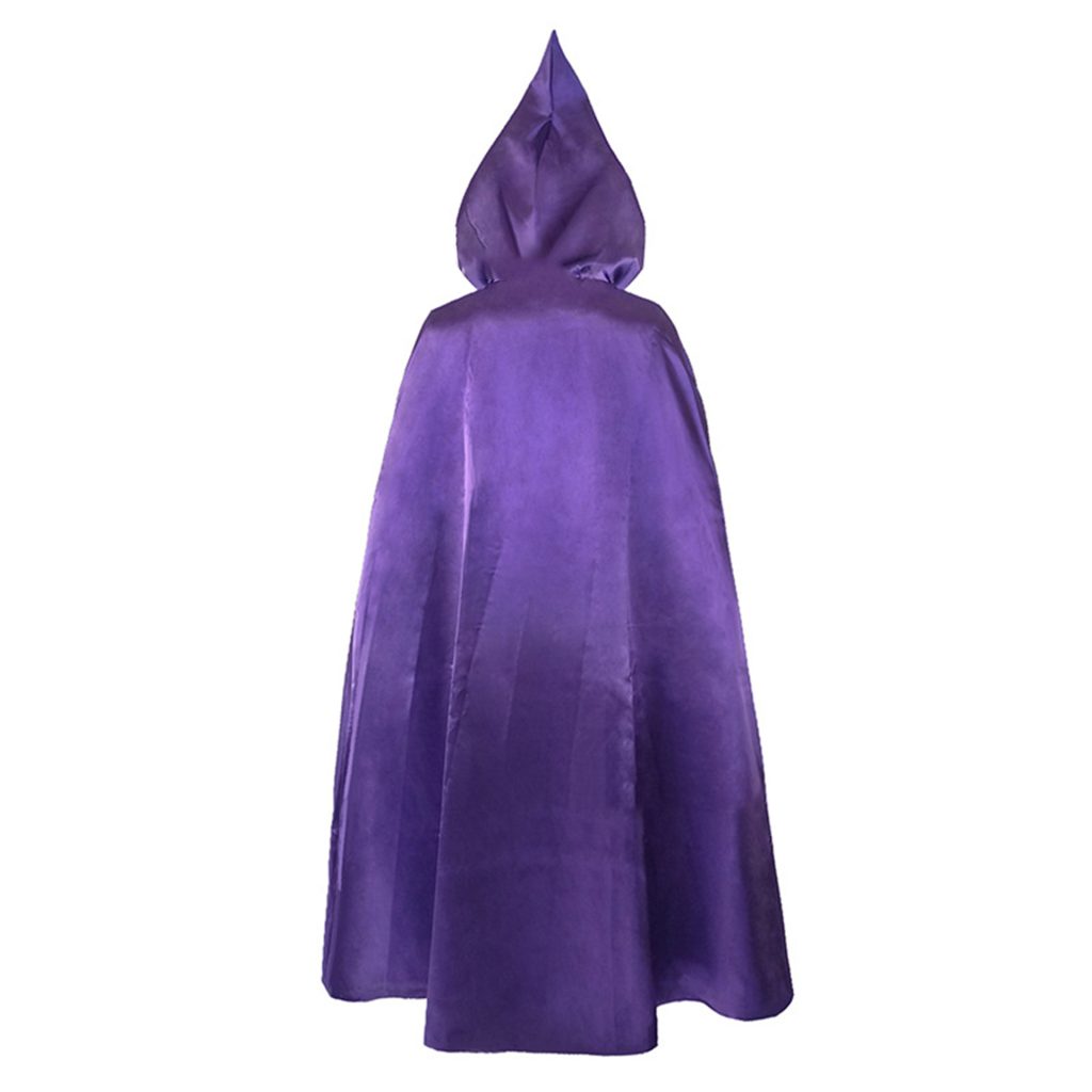 Back view of full-length purple hooded cape
