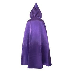 Back view of full-length purple hooded cape