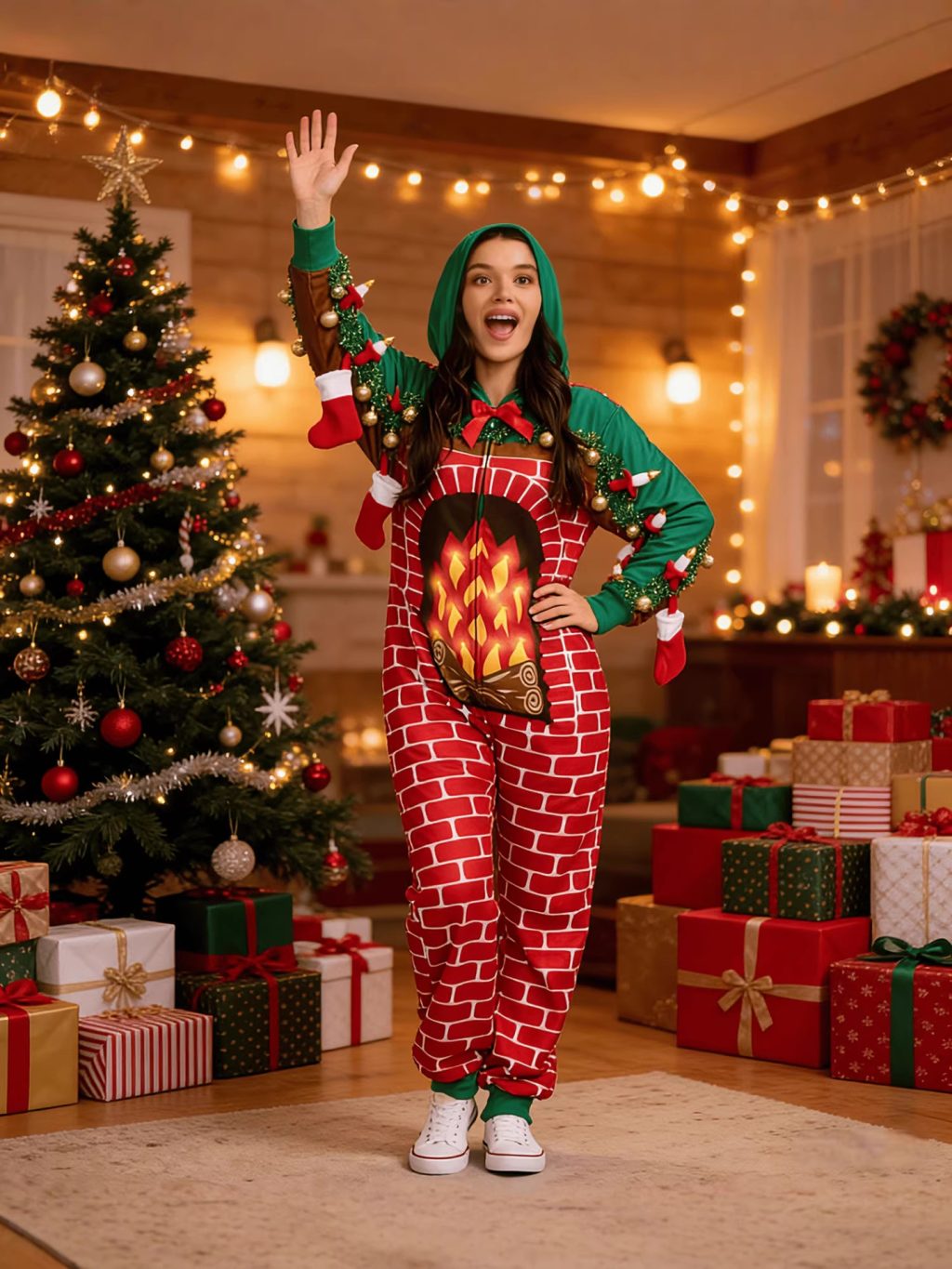 Fireplace-print hooded costume worn in a Christmas setting