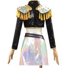Back of Mira cropped black jacket and iridescent skirt