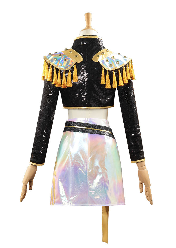Back of Mira cropped black jacket and iridescent skirt